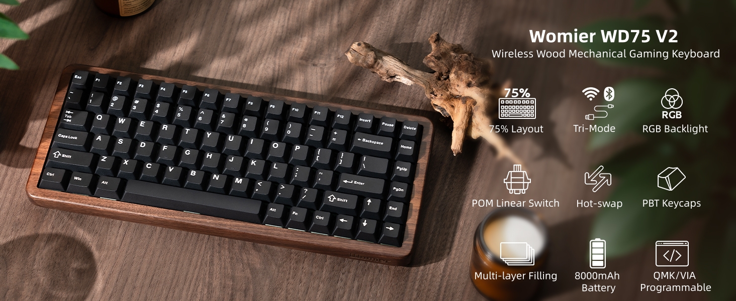 75% Mechanical Keyboard Wireless with QMK/VIA, WD75 V2 Wood Gaming Keyboard