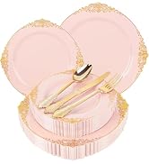 Joyido 125PCS Pink and Gold Plastic Plates - Pink Disposable Plates - Vintage Plate with Gold Pla...