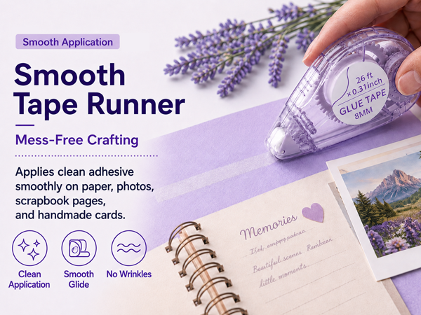 Smooth glue tape roller applying adhesive on paper and scrapbook pages