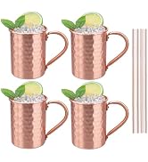 TJ Moscow Mule Mugs Set of 4, 100% Pure Copper Cups 14 oz, Handcrafted Copper Mugs w/Straws, Tarn...