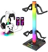 RGB Headphone Stand,Gaming Controller Holder,Desk Gaming Headset Holder with 10 Light Mode 2 USB ...
