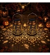 Halloween Solar Pumpkin Lanterns 2 Pack, Shadow Projection Outdoor Decor | IP65 waterproof metal ...