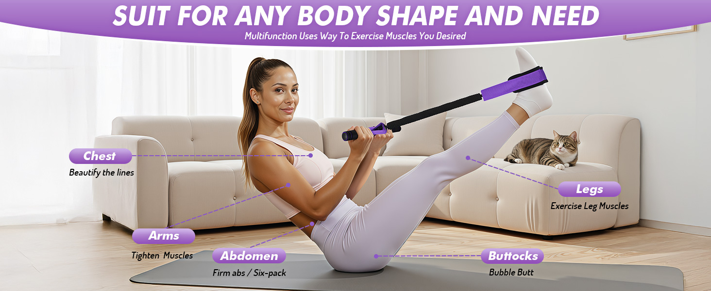 Woman doing home workout with pedal resistance band, targeting chest, arms, abdomen, buttocks, legs