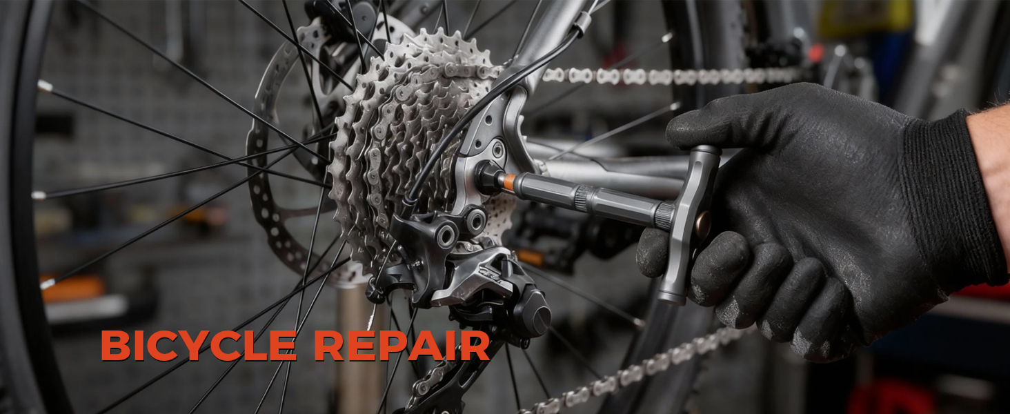 Text reads 'BICYCLE REPAIR'. Close-up black and white image of bicycle maintenance, showing mechanical parts and repair work.