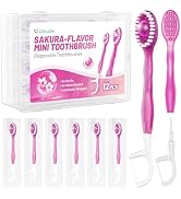 Litlcutie 12 Pack 5 in 1 Disposable Mini Toothbrushes with Toothpaste, Floss, Pick & Tongue Scrap...