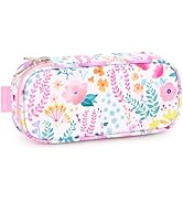 mibasies Girls Pencil Case for Kids, Multi-Slot Pencil Pouch, Flower Pink White
