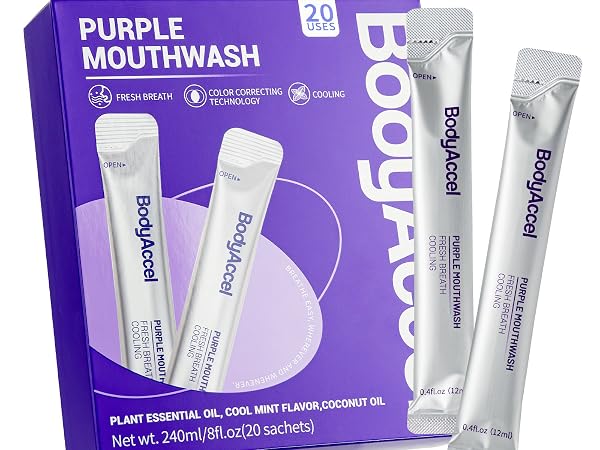 BodyAccel Purple Mouthwash for Teeth Whitening, Color Correcting Whitening Mouthwash with 20 Port...
