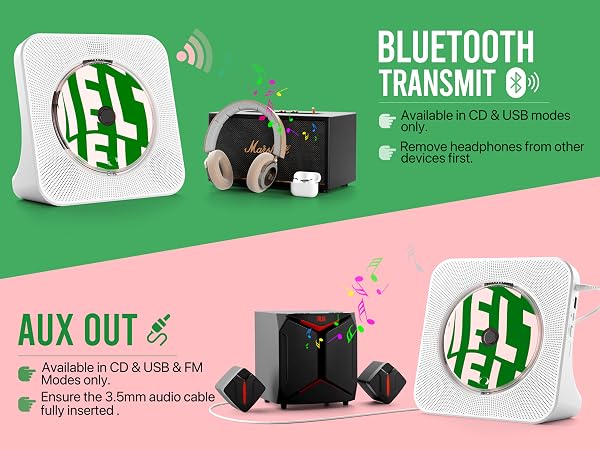 CD player with Bluetooth transmitter connecting to wireless headphones and AUX output to speakers