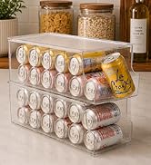 Stackable can organizer designed to keep beverages neatly stored and save refrigerator shelf space.