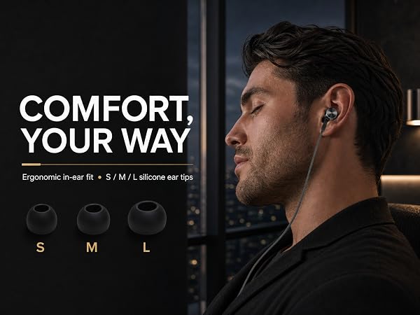wired earphones shown in use with three silicone ear-tip sizes for comfortable everyday listening