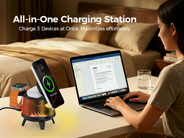 All-in-one wireless charging station, charge 3 devices simultaneously for home and office use