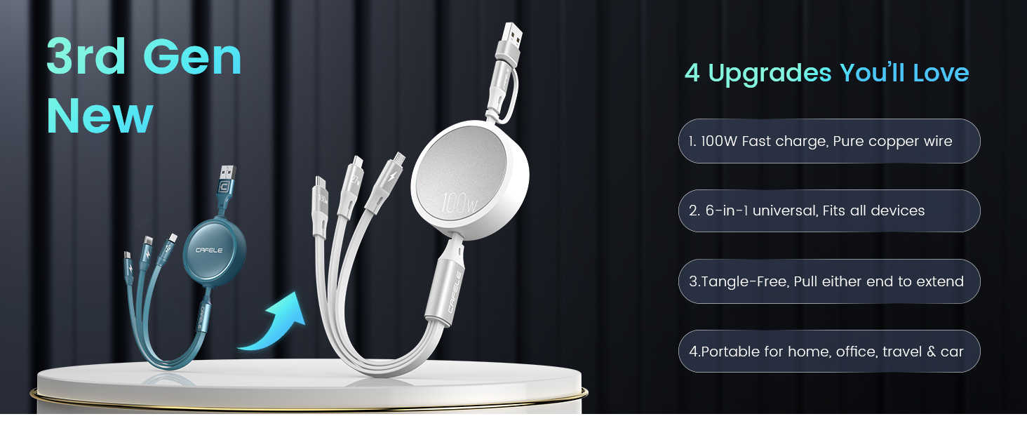 4 new upgration 100W 6-in-1 Fits all devices Tangle-Free Compact Portable, For home, travel, car