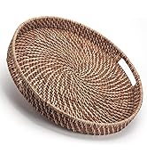 Round Rattan Woven Serving Tray with Handles Ottoman Tray for Breakfast, Drinks, Snacks for Coffe...