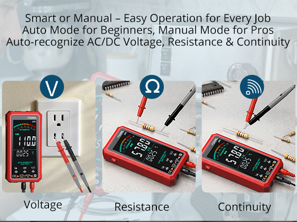 Text reads "Smart or Manual – Easy Operation for Every Job," "Auto Mode for Beginners, Manual Mode for Pros," "Auto-recognize AC/DC Voltage, Resistance & Continuity." Digital multimeter devices shown with labeled measurement categories: Voltage, Resistance, Continuity.