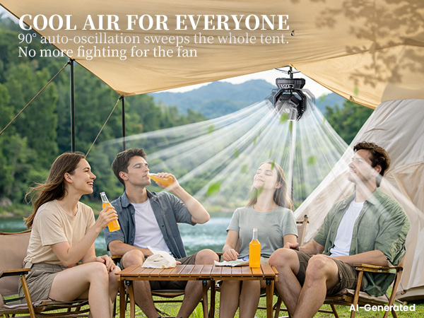 Portable fan for camping: 90° auto-oscillation sweeps the whole tent, cool air for everyone