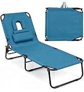 Goplus Tanning Chair, Folding Beach Lounge Chair w/Face Hole, 330LBS Capacity, Removable Pillow, ...