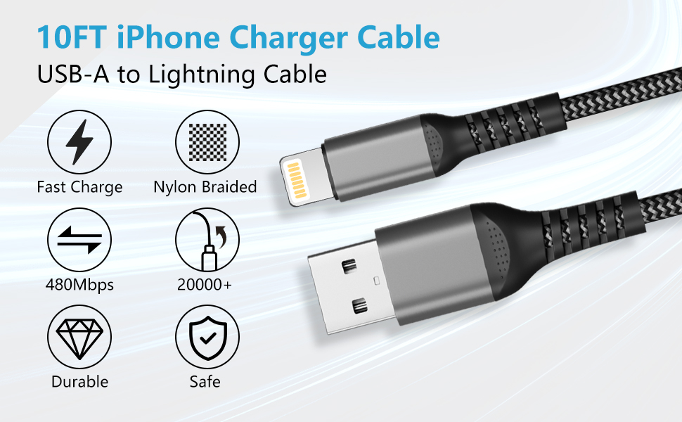 Text reads: '10FT iPhone Charger Cable USB-A to Lightning Cable' with icons showing features: Fast Charge, Nylon Braided, Durable, Safe. Black braided charging cable shown.