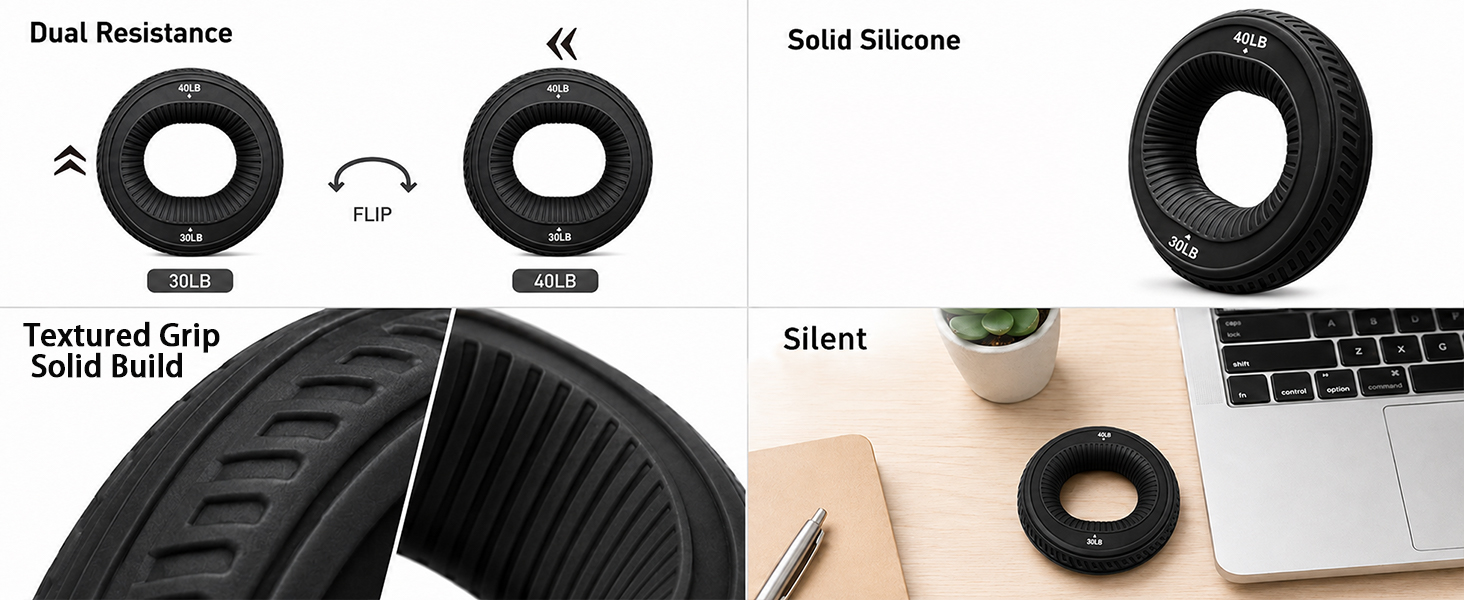 Grip rings flipping 30LB to 40LB, a solid silicone ring, close-up grip texture,and a ring on a desk