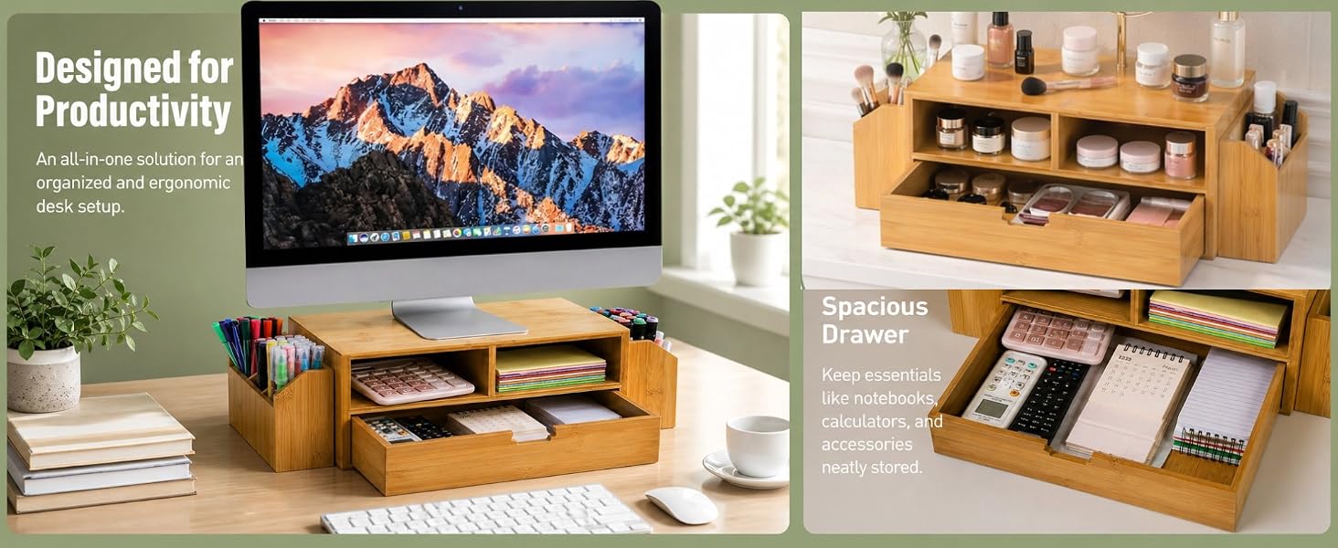 Bamboo Desktop Organizer, Desk Monitor Stand Riser with 1 Drawer and 2 Pen Holder