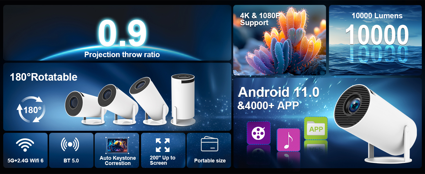 Smart security camera with Android 11.0 support, featuring 0.9 projection throw ratio, 180° rotation capability, and Wi-Fi connectivity.