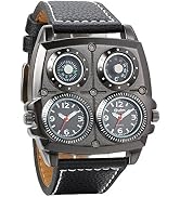 Unique watch with black leather strap featuring four separate time zone dials in a rectangular case with industrial-style design.