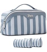 BOYATU Travel Makeup Bag for Women: 3 Pcs Set Striped Make up Bag,Blue | Vegan Leather Cosmetic B...