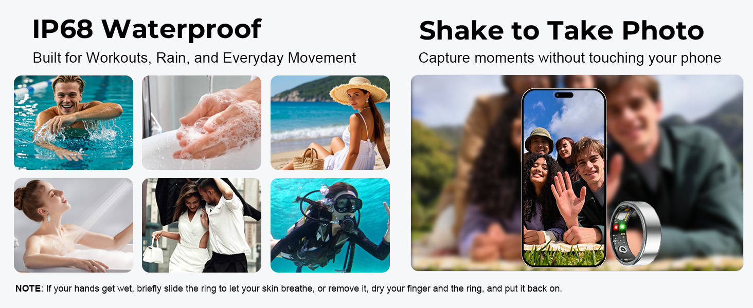 Active lifestyle smart ring with IP68 waterproof protection and hands-free remote photo control.