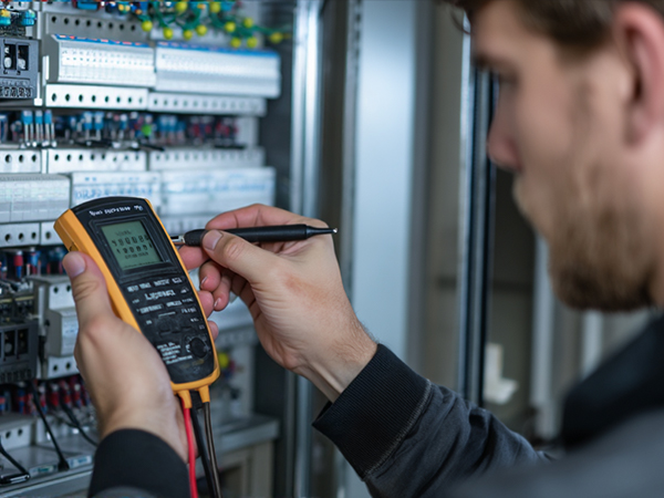 Technician using digital multimeter to take electrical measurements on an industrial control panel with multiple circuits and connections.