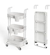DTK 3 Tier Foldable Rolling Cart, Metal Utility Cart with Lockable Wheels, Folding Storage Trolle...