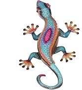 TICKCACY 19.6” Metal Gecko Wall Decor, 3D Handmade Blue Lizard Metal Wall Art, Outdoor Indoor 3D ...