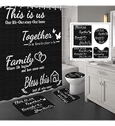 juwute 4Pcs Family Shower Curtain Sets with Non-Slip Rugs, Toilet Lid Cover and Bath Mat, Black H...
