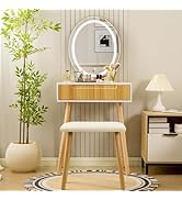 Fkhouse Small Vanity Desk with Mirror and Lights, Wooden Handles with Cushioned Stool, 3 Lighting...