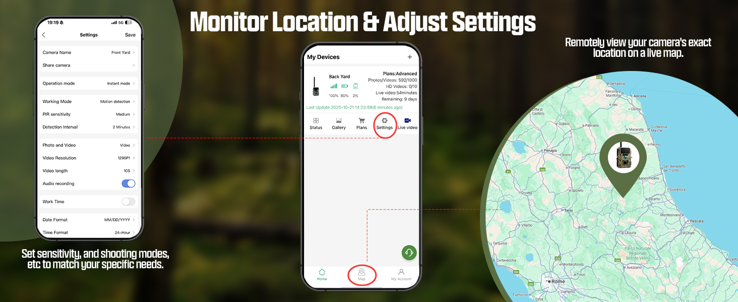 Multiple mobile app interface screenshots showing a map with location markers and various menu settings. Interface demonstrates location-based functionality and user controls.