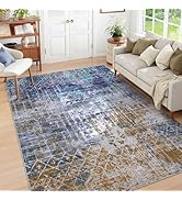 Abstract Washable Rug 6x9 Area Rugs for Bedroom,Large Modern Girls Living Room Rug,Blue and Gold ...