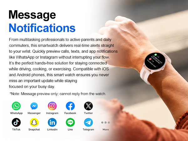 Smartwatch shows message alerts from WhatsApp, Instagram. For busy parents, commuters. Cannot reply.