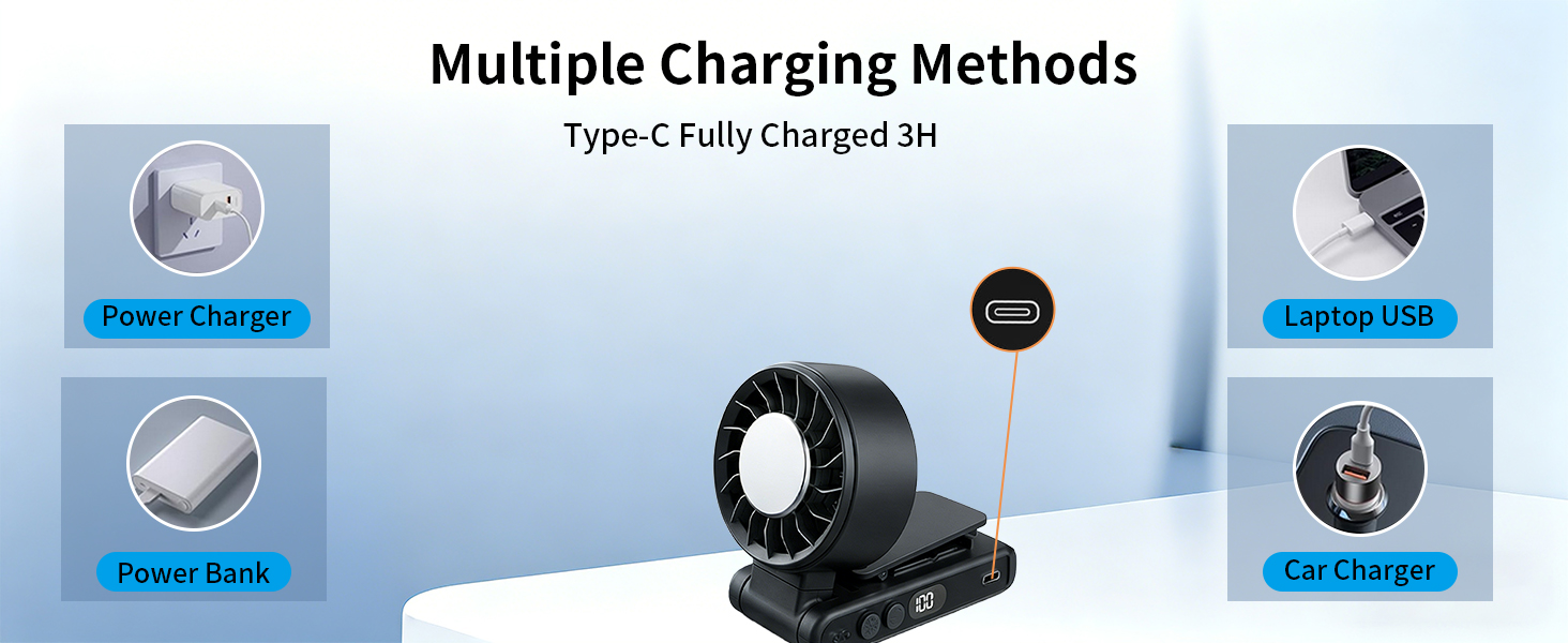 Text reads 'Multiple Charging Methods', 'Type-C Fully Charged 1H', 'Power Bank', 'Power Back', 'USB Charger', 'QC Charger'. Black wireless charging device with stand shown with four charging method icons in corners on blue background.