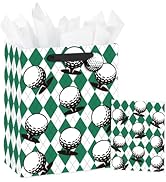 Loveinside Golf Gift Bag for Men, Green Argyle Pattern with Golf Ball Design, Medium Size Gift Ba...