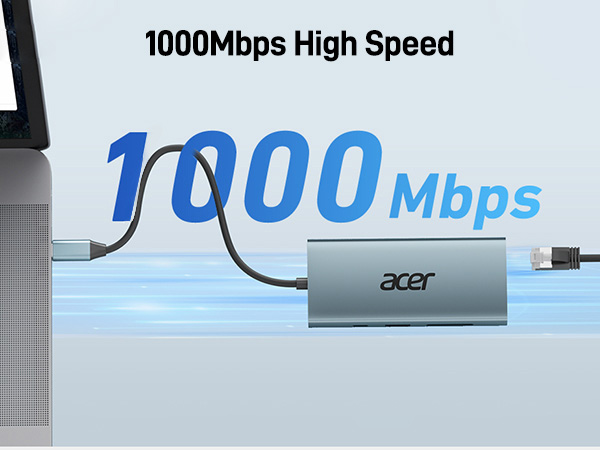 Text reads '1000Mbps High Speed'. Technical product illustration showing Acer device with USB connectivity and high-speed data transfer visualization using blue graphics.