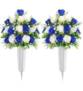 U'Artlines 2Pcs Artificial Cemetery Flowers with Vase for Grave, Silk Memorial Day Rose Flowers B...