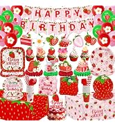 Strawberry Birthday Decorations, 220Pcs Pink Berry Plates and Napkins Happy Birthday Banner Berry...