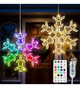ODEETRONIC Snowflake Window Silhouette Lights, 2 Packs 12" Folding RGB Christmas Window Hanging L...