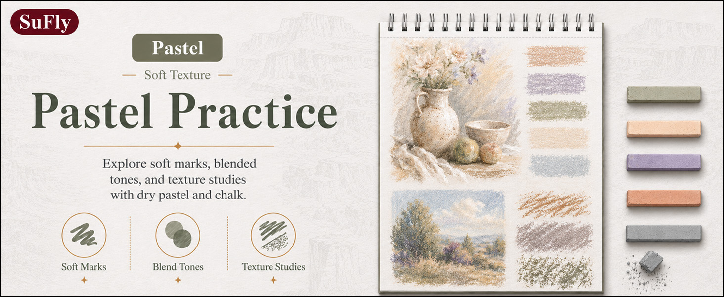 SuFly sketchbook showing dry pastel still life, soft color swatches, chalk sticks, blended tones.