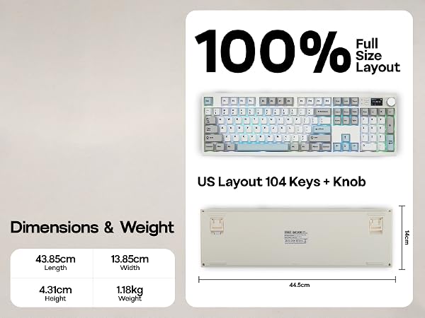 Text reads 'Image 6'. Text shows '100% Full Layout', 'US Layout 104 Keys + Knob', 'Dimensions & Weight'. White mechanical keyboard shown from different angles.