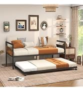 Giantex Metal Daybed with Trundle, Twin Trundle Bed with Metal Slats Support and Rustic Wood Grai...