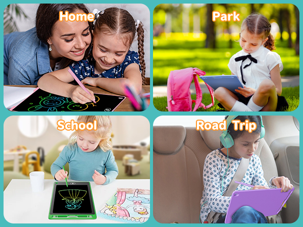 Text reads 'School' and 'Road Trip'. Series of lifestyle images showing children engaged in learning activities and using electronic devices.