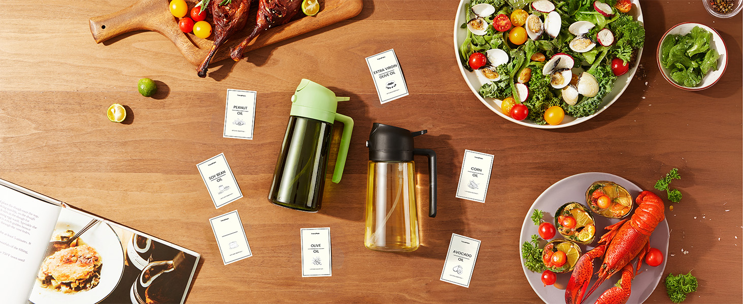 Healthy meal setup with glass water bottles, fresh salad in bowl, and colorful prepared foods on wooden table surface.