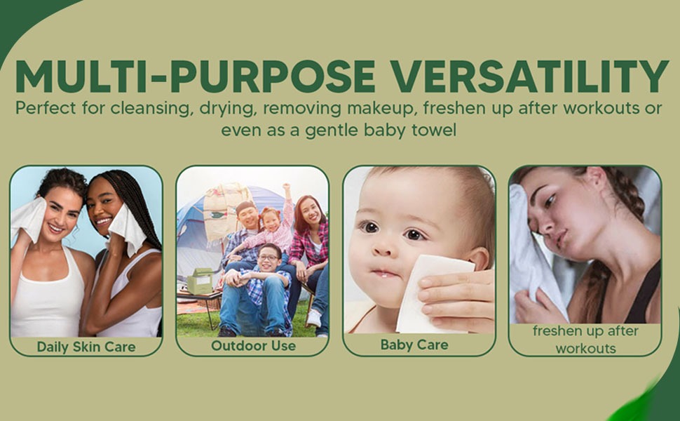 B-CLEAN multi-purpose facial towels shown for skincare, baby care, workouts, and outdoor use.