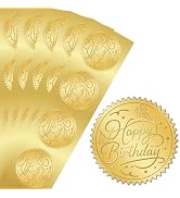 PRESSINART 100Pcs 2 Inch Happy Birthday Gold Foil Stickers Embossed Gold Foil Seal Round Self Adh...