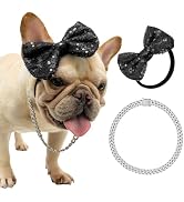 2 Pack Adjustable Black Bow Headband and Diamond Cuban Link Chain Pet Accessories - Dog Costume C...