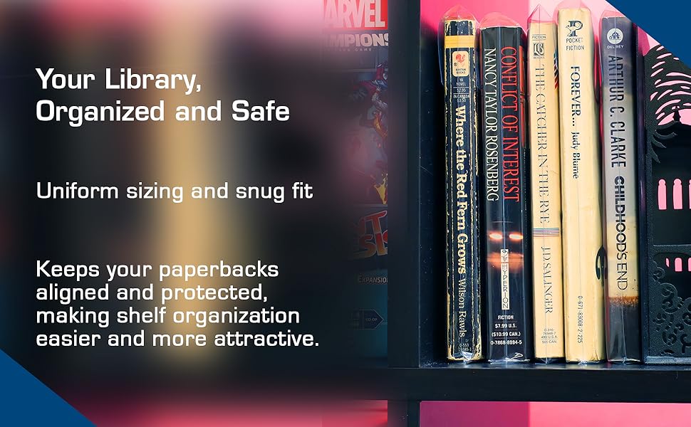 Paperback books neatly aligned on a shelf, all protected in clear BCW bags.